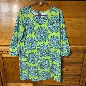 Crown & Ivy Flower Swirl 3/4 Sleeve Green Blue Shift Dress Size Large